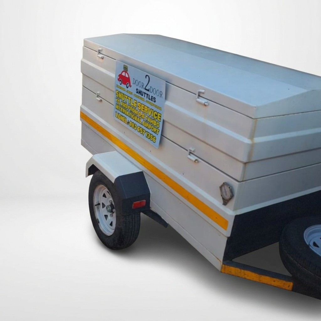 Door2Door Shuttles branded luggage trailer with contact details